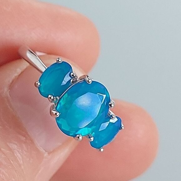 Natural Blue Fire Opal 925 Sterling Silver Ring - Picture 2 of 6